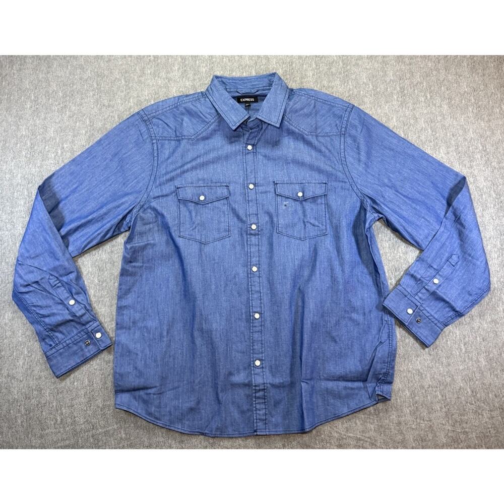 Express Men's XL Blue Cotton Denim Shirt Button-Up, Long Sleeve, Pockets